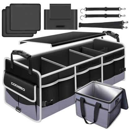 Car Trunk Organizer with Portable Leak Proof Cooler Bag, 3 Compartments Collapsible Car Organizers and Storage with Foldable Cover, Fathers Day Dad Gifts, Suitable for SUV, Auto, Truck, Minivan