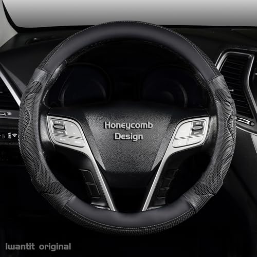 Iwantit® Car Steering Wheel Covers with 3D Silicone Honeycomb for Men,Anti-Slip Design and Breathable Fabric,Universal Fit 14.5-15 Inches (Full Black) - color: 001-Full BlacK