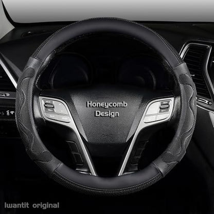 Iwantit® Car Steering Wheel Covers with 3D Silicone Honeycomb for Men,Anti-Slip Design and Breathable Fabric,Universal Fit 14.5-15 Inches (Full Black) - color: 001-Full BlacK