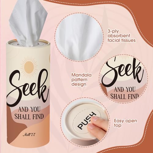 Outus 12 Pack Christian Car Tissues Cylinder Holder with Facial Tissue Bulk Round Bible Verses Napkins Container for Car Home Travel Prayer Church Gifts, 6 Designs - style: Christian