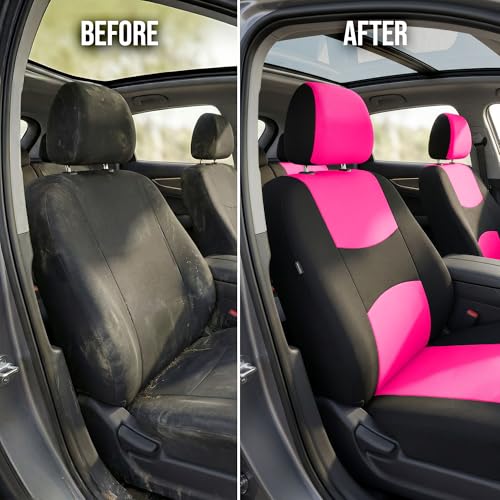 FH Group Bright Flat Cloth Full Set Automotive Seat Covers Front Set and Rear Solid Bench Pink Black Seat Covers w. Gift Universal Fit Interior Accessories for Cars Trucks and SUVs - color: Pink