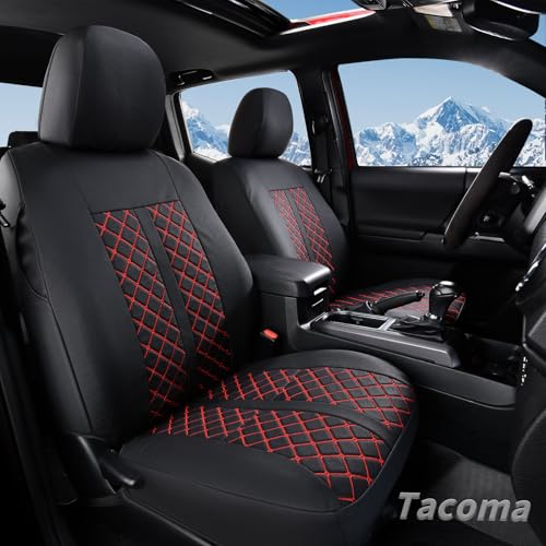 Truckiipa Tacoma Truck Seat Covers Full Set Leather Waterproof Seat Covers Fit for 2005-2015 Toyota Tacoma Double Crew Cab, Full Set, Black&Red - color: Full Set/Black&Red, size: Tacoma 2005-2015
