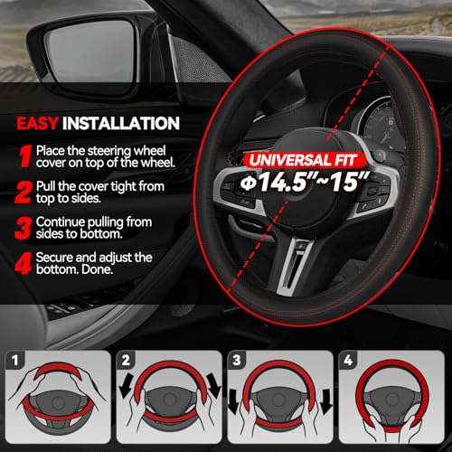 Auto Dynasty Car Steering Wheel Cover, Microfiber Leather Steering Wheel Covers Protector with Anti-Slip Inner Lining, Universal 14.5 to 15 Inch Car Interior Accessories, Red Stitching - color: Stitched Red B