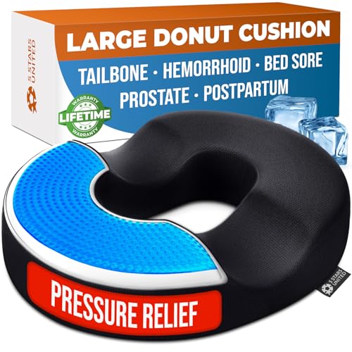 5 STARS UNITED Donut Pillow for Tailbone Pain & Hemorrhoids – Large Memory Foam Seat Cushion with Cooling Gel Layer for Bed Sore-Prone Areas & Pressure Relief – Black Mesh Cover - color: Arctic Black