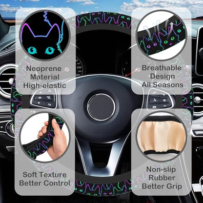 Neon Light Cat Steering Wheel Cover with 2 Pcs Car Coasters Neoprene Steering Wheel Cover for Women Men Anti-Slip Breathable Car Accessories Universal 15 Inch Fit Auto Cars Trucks - color: Neon Light Cat