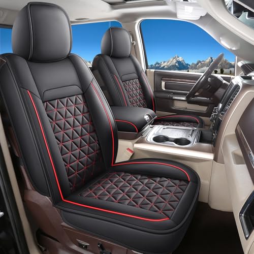 Coverado Dodge Ram Seat Covers Full Set, Waterproof Truck Car Seat Cover Protectors Custom Fit for 2002-2026 Dodge RAM 1500 2500 3500 with Curved Bench(Black&Red line) - color: Black&Red line(curved back), size: FullSet (Curved Back)