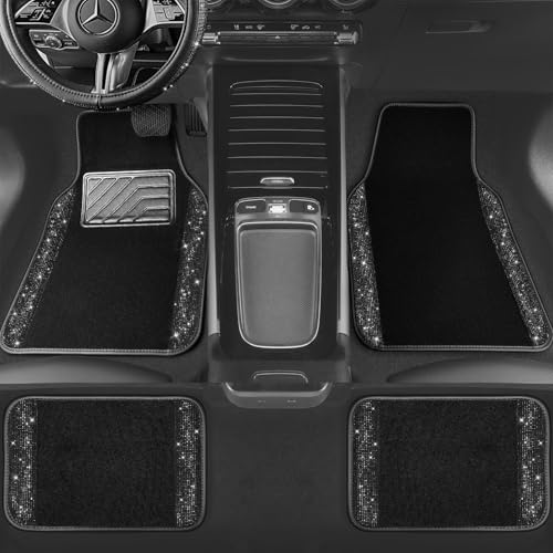 CAR PASS Bling Diamond Car Floor Mats, Sparkling Crystal Shining Glitter Rhinestone Carpet, Anti-Slip PVC Heel Pad Waterproof Universal for Automotive SUV,Sedan,Van,4pcs Girl Women Men Black Diamond - color: Black Diamond