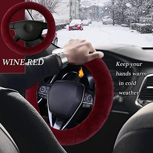 WenMei 1 Set 4 Pcs Fluffy Steering Wheel Cover&Handbrake Cover&Gear Shift Cover&Fluffy Auto Center Console Cover Faux Wool Steering Wheel Covers for Women Universal Car Interior Accessories (Wine red) - color: Wine red