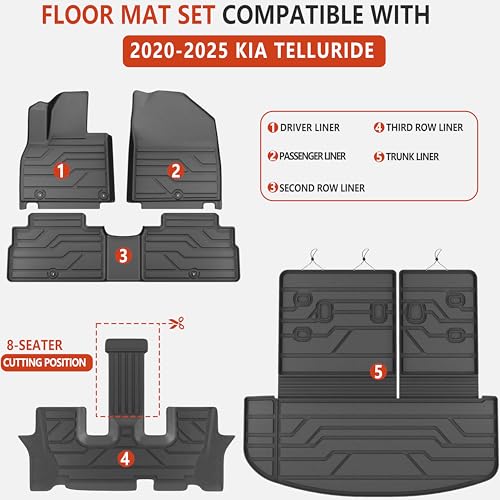 KARPAL Floor Mats for 2025 2024 2023 2022 2021 2020 Kia Telluride LX/S/EX/SX 7&8 Seats (Not for 2027), TPE All Weather Custom Fit Floor Liners Full Set Car Mats Kia Telluride Accessories - style: 2020-2025 | For Kia Telluride | Combo Set
