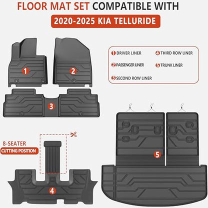KARPAL Floor Mats for 2025 2024 2023 2022 2021 2020 Kia Telluride LX/S/EX/SX 7&8 Seats (Not for 2027), TPE All Weather Custom Fit Floor Liners Full Set Car Mats Kia Telluride Accessories - style: 2020-2025 | For Kia Telluride | Combo Set