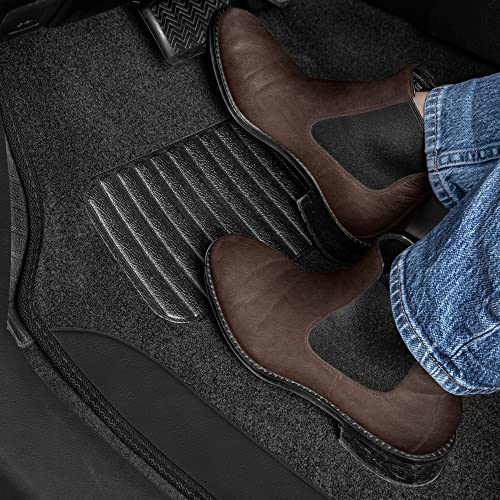 BDK Floor Mats for Cars, Two-Tone Carpet with Faux Leather Accents, Automotive Floor Mat Set with Built-In Heel Pad, Stylish Interior Car Accessories (Black)