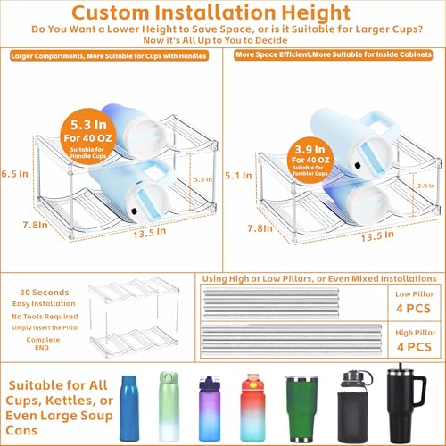 Yieach 2 Pack 2 Tier Stackable Water Bottle Organizer for Stanley,Yeti 40 oz Tumbler Organizer,Waterbottle Storage Rack,Clear Acrylic Cup Organizers for Kitchen Cabinets,Countertop,Pantry Shelf - size: 2 Tier(2 Set) Hold 12 Bottle