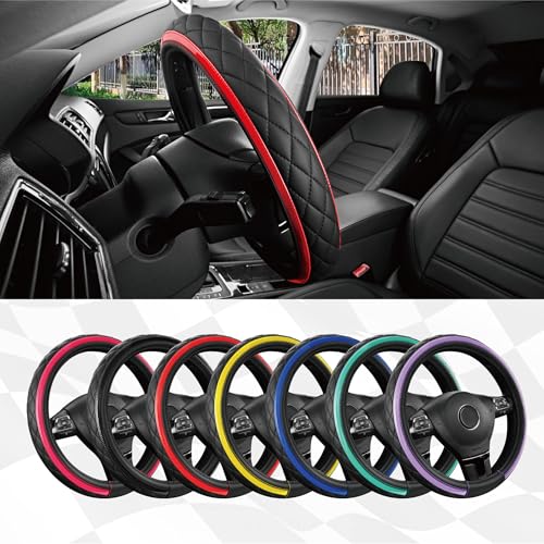 Road Comforts Leather Steering Wheel Cover – Black & Red Universal Fit 14.5-15 Inch, Microfiber Leather, Anti-Slip & Breathable Design for Men and Women - color: Red