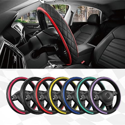 Road Comforts Leather Steering Wheel Cover – Black & Red Universal Fit 14.5-15 Inch, Microfiber Leather, Anti-Slip & Breathable Design for Men and Women - color: Red