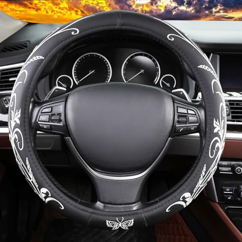 White Embroidery Butterfly Car Steering Wheel Cover,14.5-15 Inch Universal Leather Covers Breathable Anti-Slip Odorless Steering Wheels Accessories for Men Women - color: White Embroidery