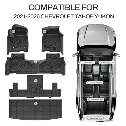 AUTOSAVER88 Floor Mats Fit for Chevy Tahoe/GMC Yukon 7 Seater 2026 2025 2024 2023 2022 2021, Custom Fit TPE All Weather Tahoe/Yukon Floor Liners with 2nd Row Bucket Seats Car Mats Accessories, Black - style: 21-26 Tahoe/Yukon Full Mats Set