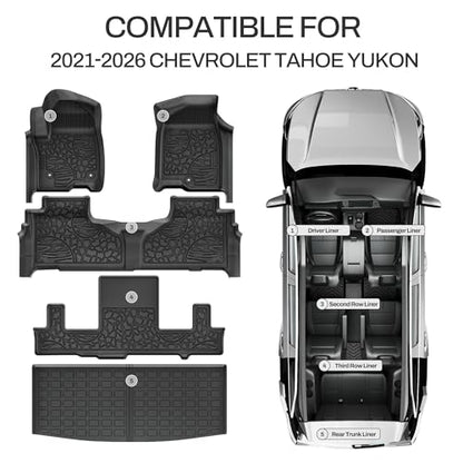 AUTOSAVER88 Floor Mats Fit for Chevy Tahoe/GMC Yukon 7 Seater 2026 2025 2024 2023 2022 2021, Custom Fit TPE All Weather Tahoe/Yukon Floor Liners with 2nd Row Bucket Seats Car Mats Accessories, Black - style: 21-26 Tahoe/Yukon Full Mats Set