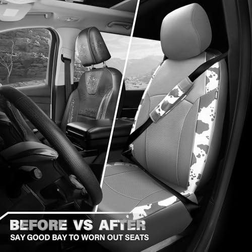 CAR PASS Cow Print Faux Leather Car Seat Covers & Cow Car Mats & Cow Steering Wheel Cover Seat Belt Pads Universal fit for SUV,Van,Saden,Truck Cute Car Accessories Automobile Interior Sets All Gray - color: Cow Print Gray