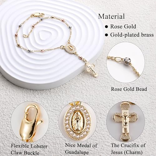 Gold Plated Beads Catholic Guadalupe Car Rearview Mirror Rosary Hanging Charm Chain for Women with Gift Box - color: Faceted Beads