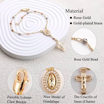 Gold Plated Beads Catholic Guadalupe Car Rearview Mirror Rosary Hanging Charm Chain for Women with Gift Box - color: Faceted Beads