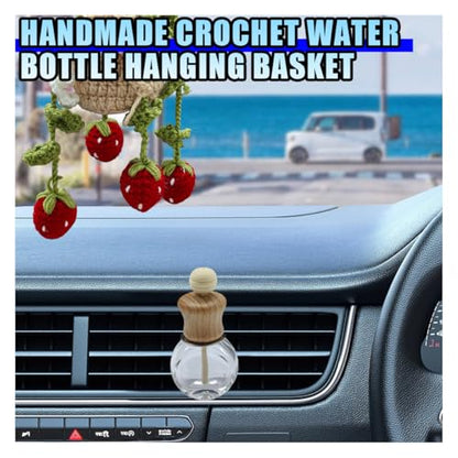 Crochet Hanging Plant Car Pendant - 12ml Empty Refillable Glass Bottle and Cute Potted Plant Car Rear View Mirror Charm - Handmade Knitted Ornament (Strawberry)