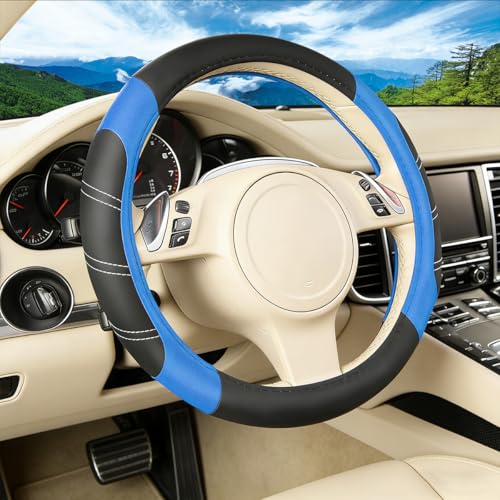 4PCS Car Accessories Set, 14.5-15" Sporty Microfiber Leather Steering Wheel Cover with Anti-Slip Lining, Center Console Cover, Seat Belt Cushion, Universal Fit (Black/Blue)