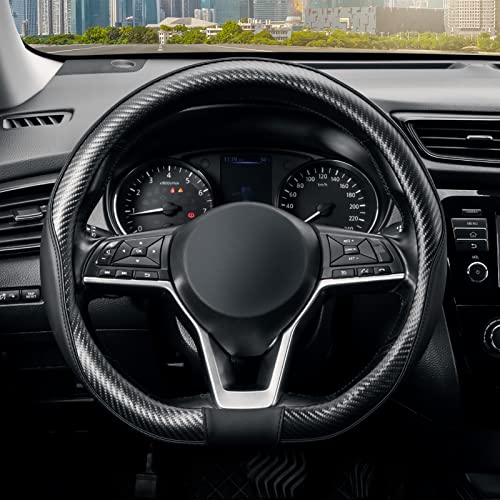 SEG Direct Flat Bottom Steering Wheel Cover Carbon Fiber, D Shaped Car Wheel Cover 14 1/2-15 in. (37-39 cm), Black Microfiber Leather with Carbon Fiber Pattern - color: 2. Black with Carbon Fiber, size: Standard size[14 1/2''-15'']