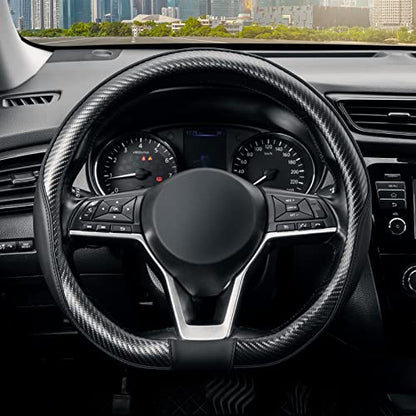 SEG Direct Flat Bottom Steering Wheel Cover Carbon Fiber, D Shaped Car Wheel Cover 14 1/2-15 in. (37-39 cm), Black Microfiber Leather with Carbon Fiber Pattern - color: 2. Black with Carbon Fiber, size: Standard size[14 1/2''-15'']