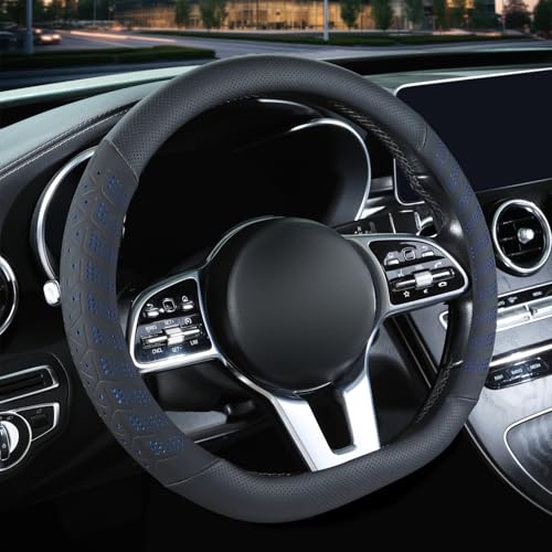 3D Premium Skin-Feel Leather D Shaped Car Steering Wheel Cover, Anti-Slip Breathable Soft Slim Design, Universal 15 inch, Black with Blue - color: Black with Blue, size: D Type-Medium[14.5''-15'']