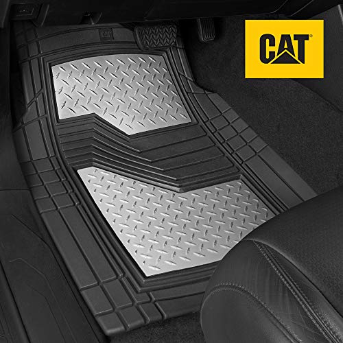 BDK Cat® Heavy Duty Rubber Floor Mats for Car SUV Truck & Van-All Weather Protection, Front & Rear with Heelpad & Anti-Slip Nibs Backing, Universal Trim-to-Fit - color: Black/Chrome, style: DiamondShield Metallic
