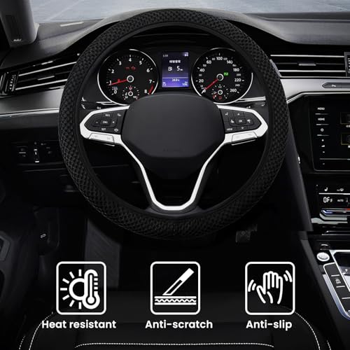 Elastic Stretch Car Steering Wheel Cover, Comfortable Steering Wheel Cover Universal for 14.5-15 Inch, Warm in Winter & Cool in Summer, Anti-Slip Breathable Ice Silk (Black) - color: Black