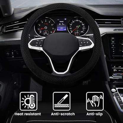 Elastic Stretch Car Steering Wheel Cover, Comfortable Steering Wheel Cover Universal for 14.5-15 Inch, Warm in Winter & Cool in Summer, Anti-Slip Breathable Ice Silk (Black) - color: Black