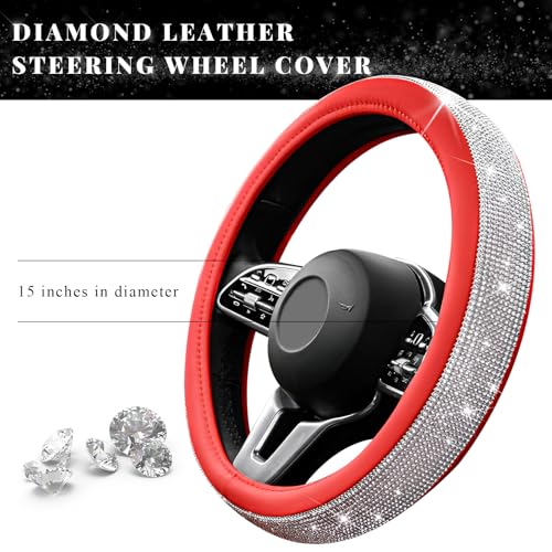 Diamond Leather Steering Wheel Cover, 15 Inch Bling Crystal Rhinestone Anti-Slip Wheel Protector, Universal Sparkling Elegant Diamond Steering Wheels Cover for Women Girl (White&Red) - color: White&Red