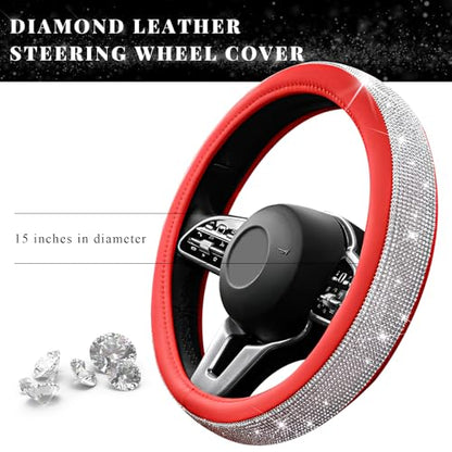 Diamond Leather Steering Wheel Cover, 15 Inch Bling Crystal Rhinestone Anti-Slip Wheel Protector, Universal Sparkling Elegant Diamond Steering Wheels Cover for Women Girl (White&Red) - color: White&Red