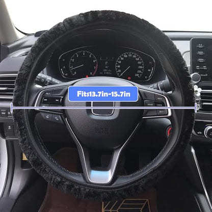 Soft Faux Wool Winter Car Stretch-On Steering Wheel Cover (Diameter 13.7in-15.7in,Plush Black) - color: Plush Black - Diameter 13.7in-15.7in