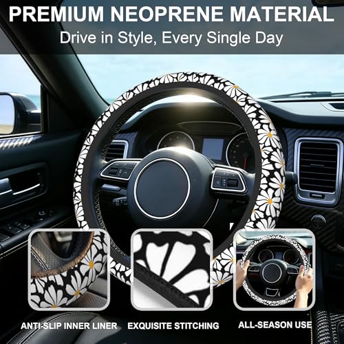 Daisy Steering Wheel Cover for Women Girly,White Daisy Flower 15 Inch Non-Slip Breathable Neoprene Steering Wheel Cover Fit Auto,SUVs,Includes 2 PCS Cup Coasters - color: Daisy