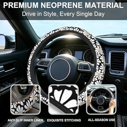 Daisy Steering Wheel Cover for Women Girly,White Daisy Flower 15 Inch Non-Slip Breathable Neoprene Steering Wheel Cover Fit Auto,SUVs,Includes 2 PCS Cup Coasters - color: Daisy