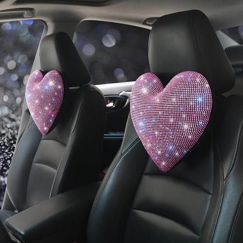 Bling Head Rest Pillows for Car Automobile Accessories for Women, Girls and Ladies Car Pillows with Sparkly Rhinestone Headrest Support Neck Support Relax Travel Universal Fit Pink 2 Pieces - color: Pink 2pcs