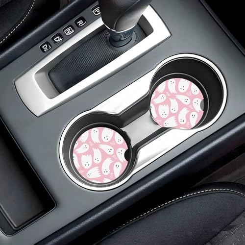2-Pack Absorbent Car Coasters Pink Cute Ghost - Ceramic & Non-Scratch Cork Base Cup Holder Coasters Universal 2.56"