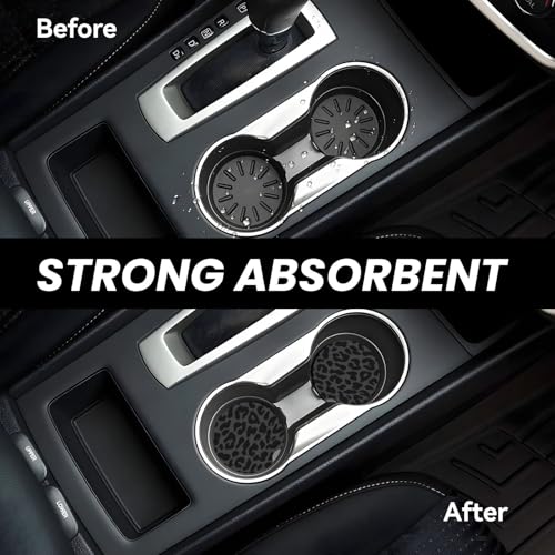 Black Leopard Cheetah Absorbent Ceramic Car Coasters for Cup Holders, 2.56" Anti Slip Insert Cup Coasters for Women Men (2 PCS) - color: Black Leopard Cheetah