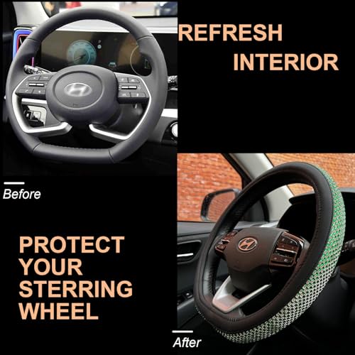 D Shaped Bling Comfy Steering Wheel Cover with Jumbo Crystal Rhinestones, Anti-Slip Diamond Leather, Flat Bottom 14.5-15 Inch (Vivid Green) - color: 910.Vivid Green, size: D Shaped/Flat Bottom[14 1/2''-15'']