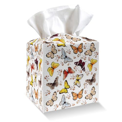 Tissue Box Cover Holder, Colorful Butterfly PU Leather Tissue Box Cover with Bottom Belt, Square Facial Paper Organizer for Tabletop, Bathroom, Kitchen, Car & Office -045 - color: Butterfly