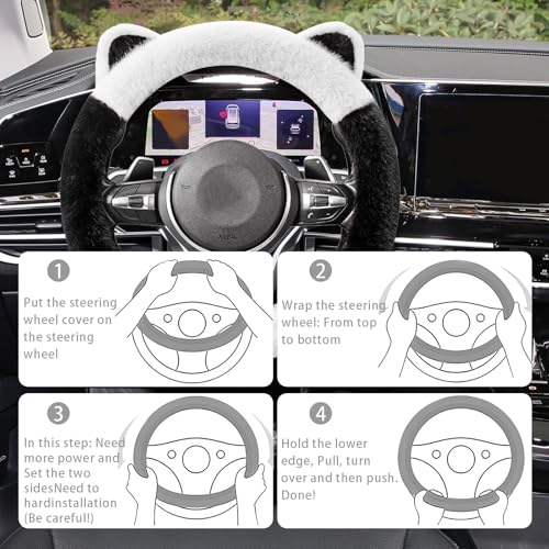 Car Steering Wheel Cover, Cute Steering Wheel Protector with Kitty Cat Ears,Fluffy Soft Plush for Winter Warm, Universal Fit 15 inches for Car,SUV, Elastic & Anti-Slip (Black/White) - color: Black/White