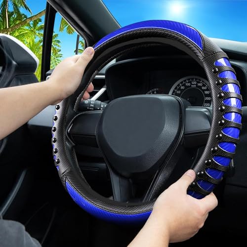 Car Leather Steering Wheel Cover - Carbon Fibre Material, Universal 14.5-15 Inch Leather Anti-Slip Breathable Auto Steering Wheel Covers for Men Women (3D Massage - Sports Blue) - color: 3D Massage - Sports Blue