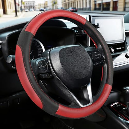 SEG Direct Car Steering Wheel Cover Universal Standard Size 14.5-15 inch, Black and Red Microfiber Leather - color: Black and Red, size: Standard size[14 1/2''-15'']