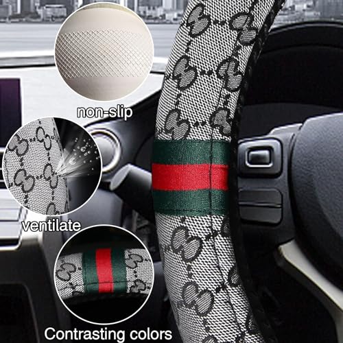 5PCS Steering Wheel Cover, with 2 Headrests, 2 Seat Belt Covers - Universal Fit for 14.5-15" Steering Wheel, Enhances Driving Experience - Perfect for Women (Gray) - color: Gray