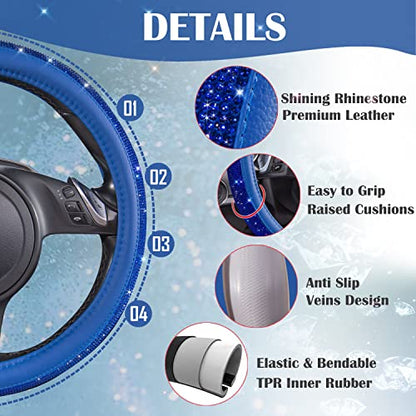 CAR PASS Bling Diamond Leather Steering Wheel Cover, with Bling Sparkly Crystal Glitter Rhinestones Universal Fit 14" 1/2-15" Car Wheel Protect for Women Girl Fit Suvs,Vans,Sedans,Cars,Trucks, Blue - color: Blue Leather Diamond