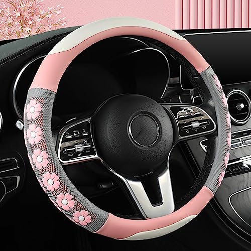 Car Steering Wheel Cover for Women Cute Flower Pink Steering Wheel Cover Leather Non-Slip Fit 15 inch - color: Pink