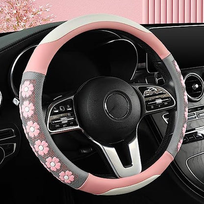 Car Steering Wheel Cover for Women Cute Flower Pink Steering Wheel Cover Leather Non-Slip Fit 15 inch - color: Pink