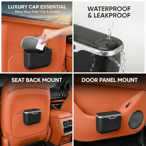 Car Trash Can with Lid - Leakproof Hanging Car Garbage Bin for Door & Seat Back - Waterproof Auto Trash Bag & Multifunctional Storage Organizer for SUV, Truck, Sedan (Black)